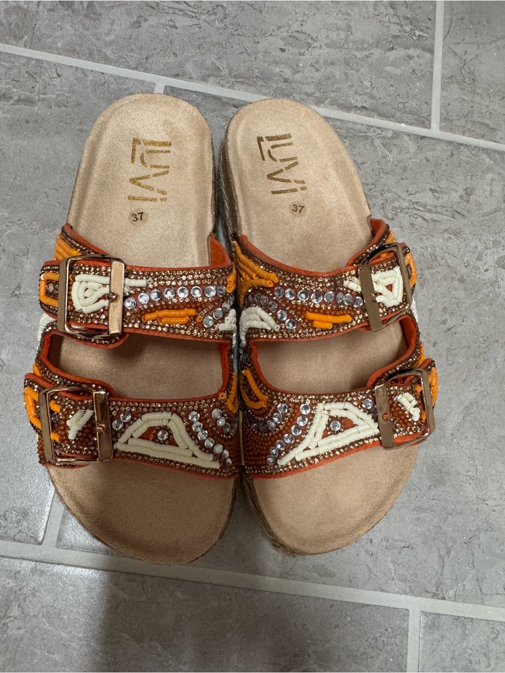 Orange Beaded Double-Buckle Slide Sandals
